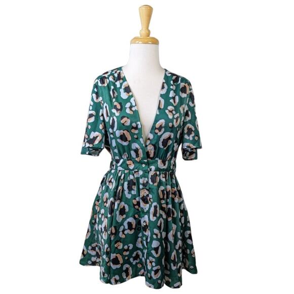 House of Harlow Revolve Dawn Mini Dress Small Green Leopard Satin Plunge V Neck - Picture 1 of 14